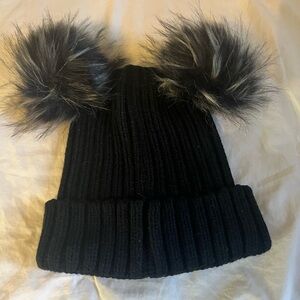 Black double Pom Pom hat , look extra this winter